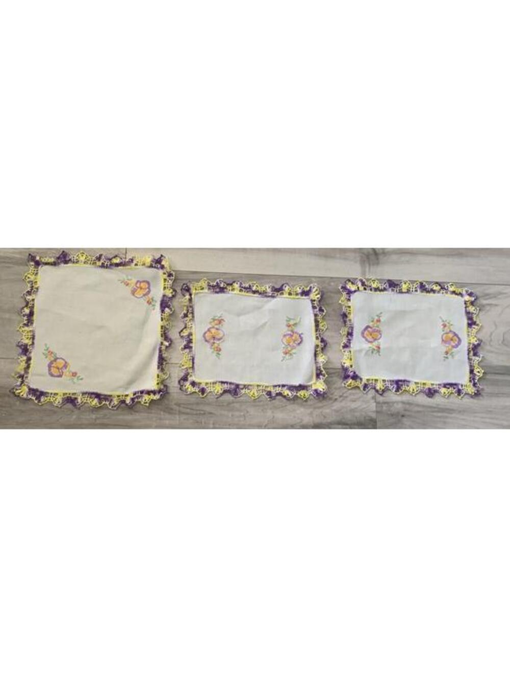 Vintage Handmade Doily Set Purple Yellow Floral Crocheted Lace Trim